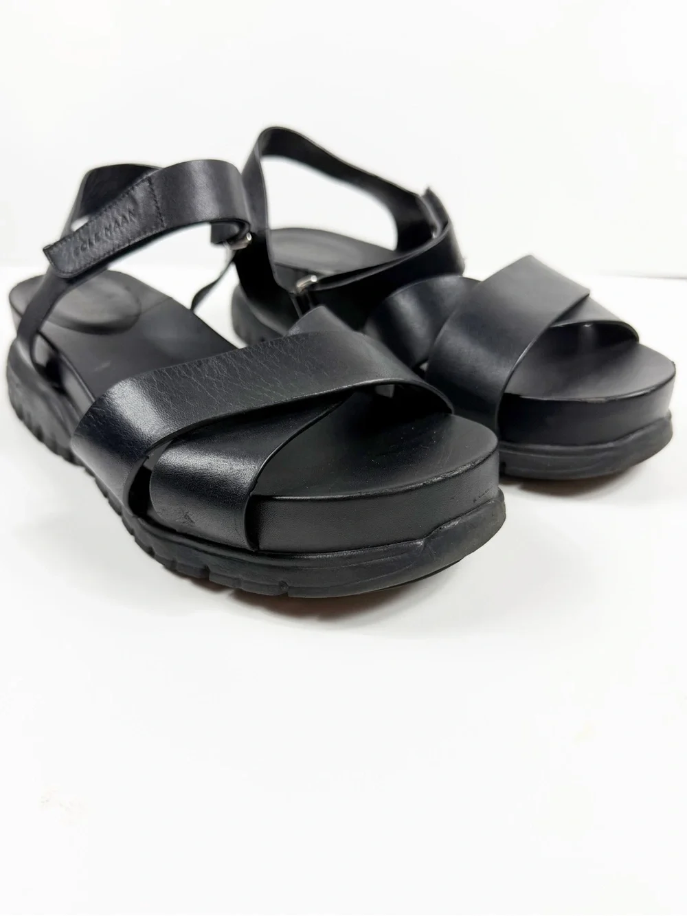 Cole Haan Black Zerogrand Leather Cross-Strap Platform Sandals with Lug Sole 7.5